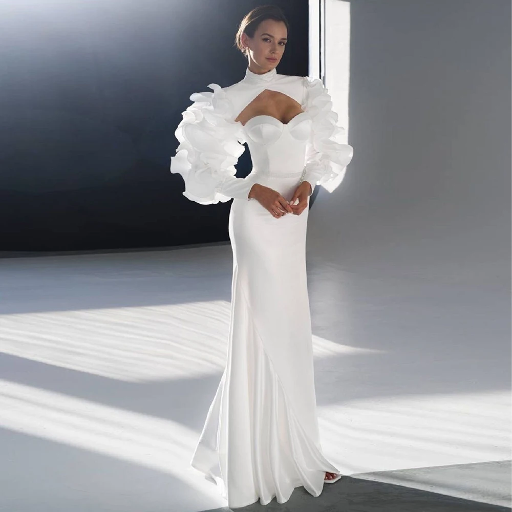 2022 Modern Wedding Dress with Jacket Long Sleeves Ruffles Mermaid Wedding Gown Sweetheart Pearls Zipper Up Trumpet Bridal Dress