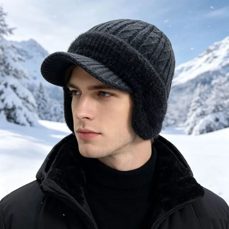 Men Women Cable Knit Peaked Beanie Hat Winter Short Brim Knitted Visor Cap Elastic Skull Hat Daily Outdoor Cold Weather Headwear