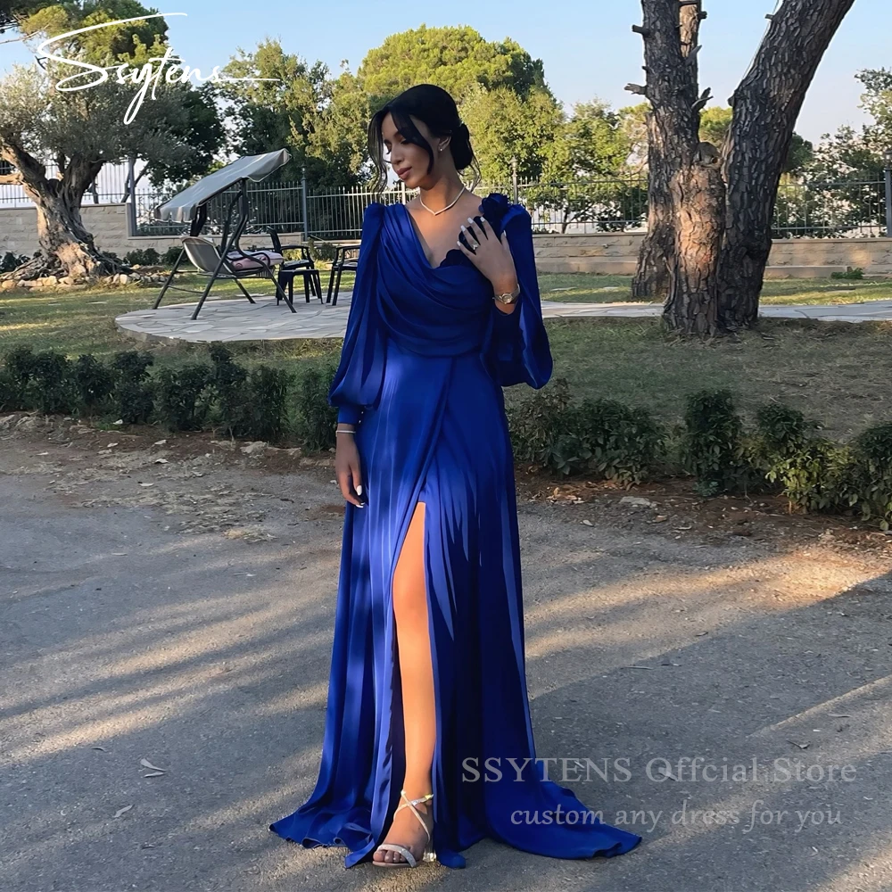 

SSYTENS Elegant Royal Blue Prom Dress Full Sleeves Saudi Party Gown Wedding Guest Evening Dress vestidos de fiesta Customized
