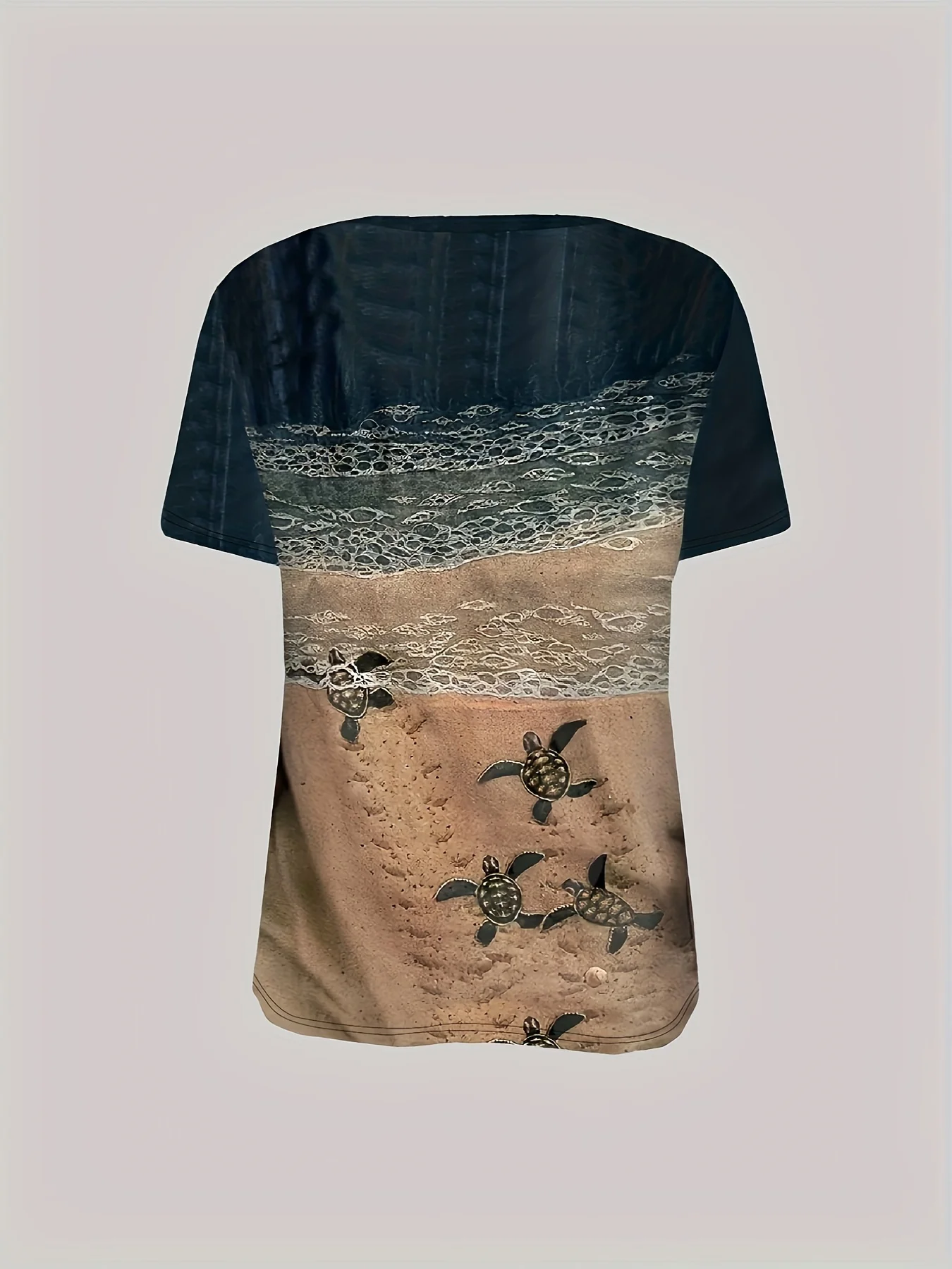 Navy Beach Women's Tee - Baby Turtles & Ocean Waves Graphic, Coastal Print Design for Casual Daily Wear