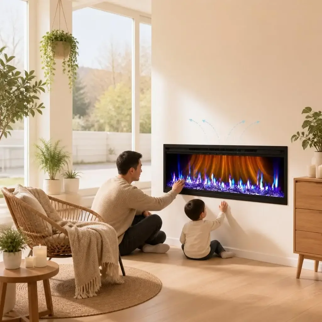 42Inch Electric Fireplace For Living Room Multi-color Fake Flame Electronic For Living Room Multi-color Fake Flame Electronic Recessed and Wall Mounted Heater Adjustable Brightness and 0.5-9H Timer