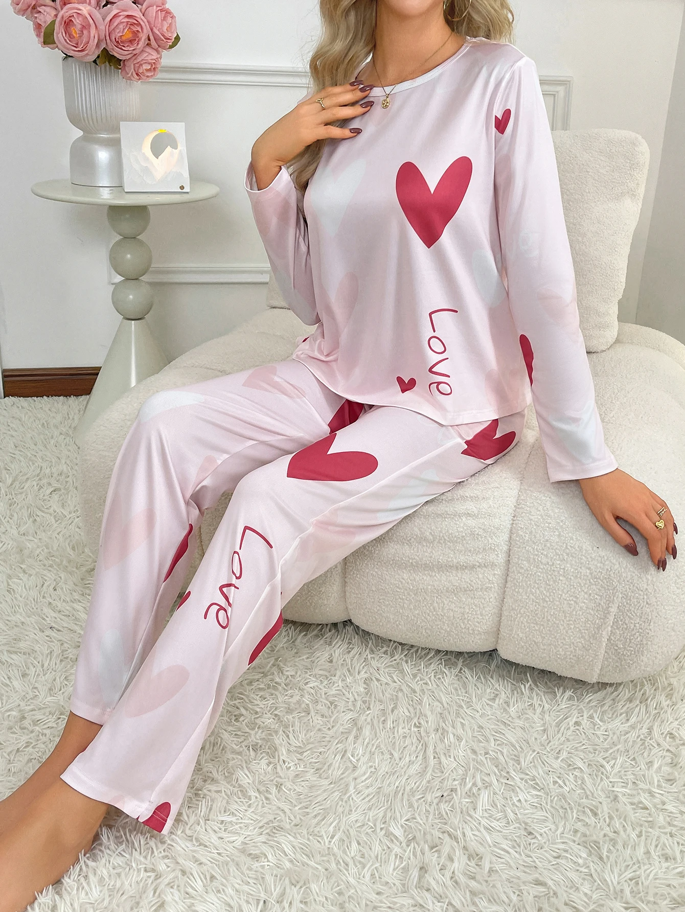 Autumn new style women\'s pajamas set love print pattern long sleeve trousers loose two-piece casual comfortable home wear