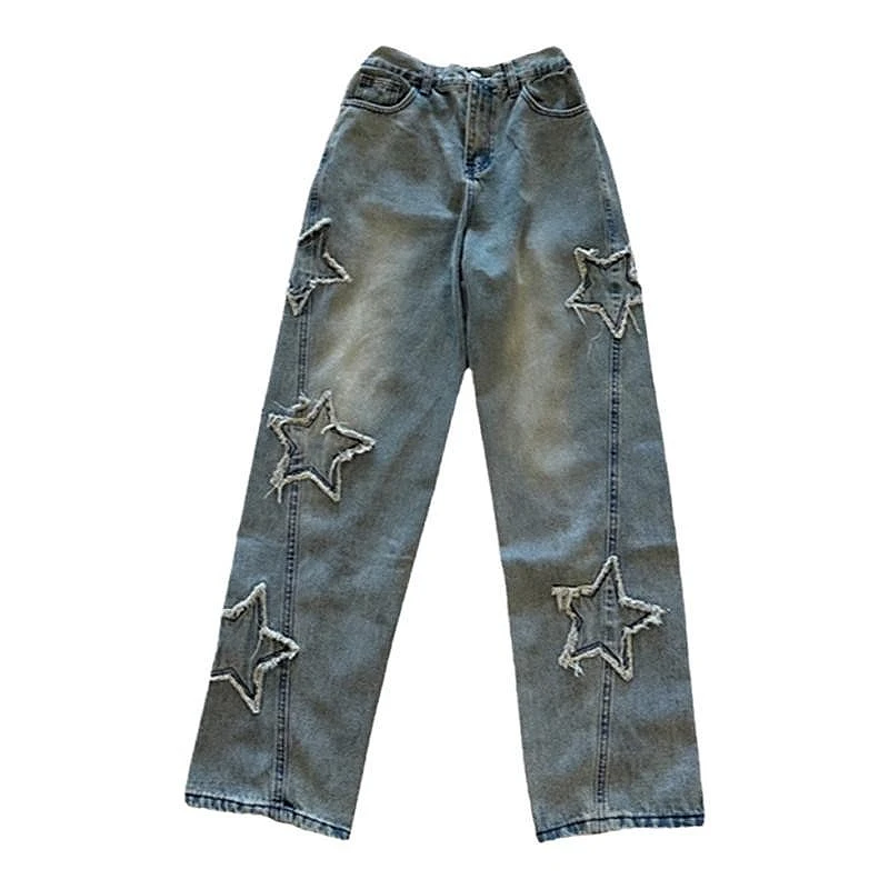 Sterne Patch Frauen Blau Jeans Neue Mode Y2K Quaste Hosen Korea Stil Gerade Hip Hop Spleißen Hosen Mädchen Streetwear