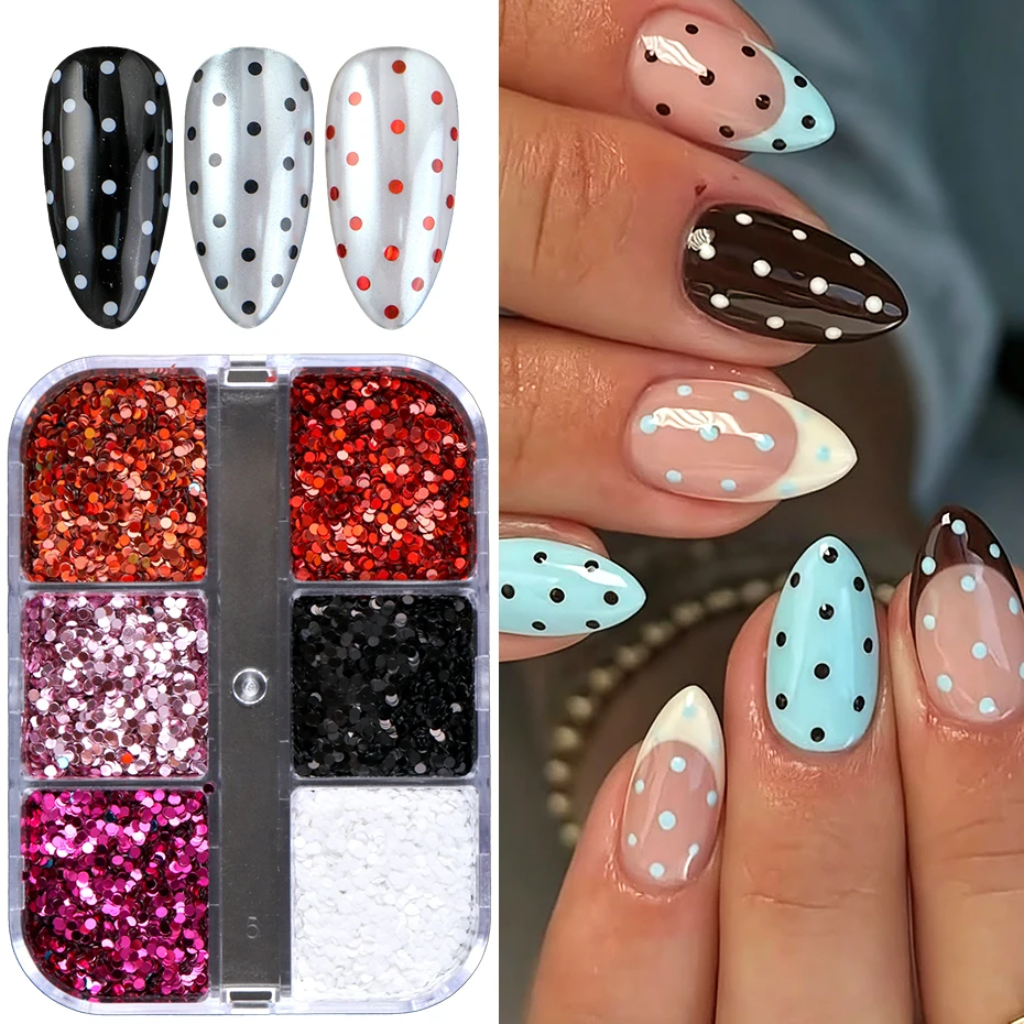 6 Grids Polka Dot Nail Art Sequins Red Pink Black White Round Dot Nail Glitter Flakes Confetti Manicure Nail Charms Decorations