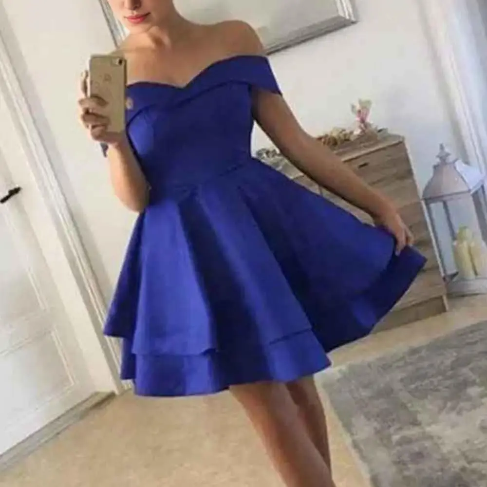 فساتين كوكتيل نسائية على شكل حرف A عنابي قصير من الساتان ورقبة على شكل حرف V خارج الكتف فساتين العودة للوطن فوق الركبة، صغيرة