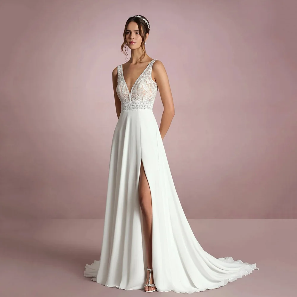 

V Neck Lace Applique Wedding Dresses 2025 Woman Sleeveless Sexy Backless High Slit Bridal Gown A-Line Brides Dresses Customized
