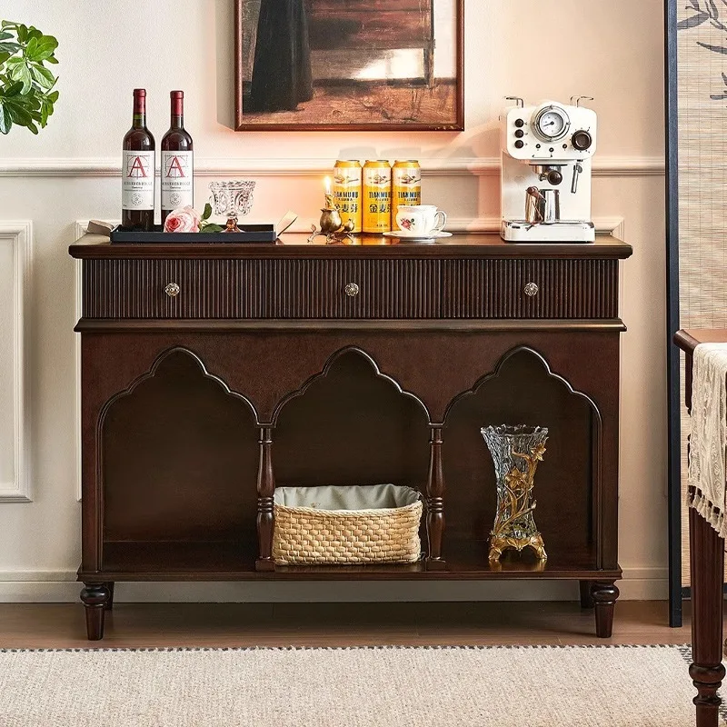 French retro solid wood porch cabinet, medieval living room entry wall storage decorative cabinet, American light luxury dining