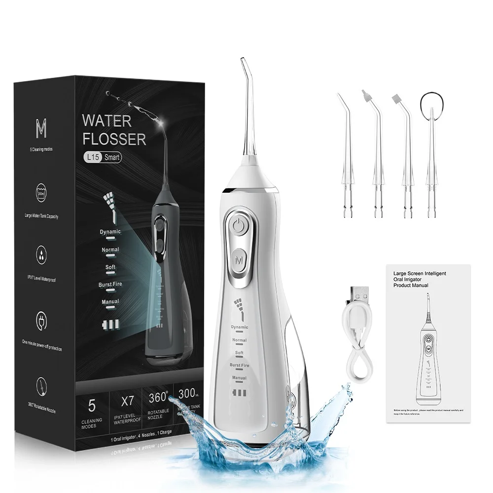 Portable Dental Oral Irrigator Water Flosser USB Rechargeable 4 Nozzles Water Jet 300ml Water Tank Waterproof IPX7