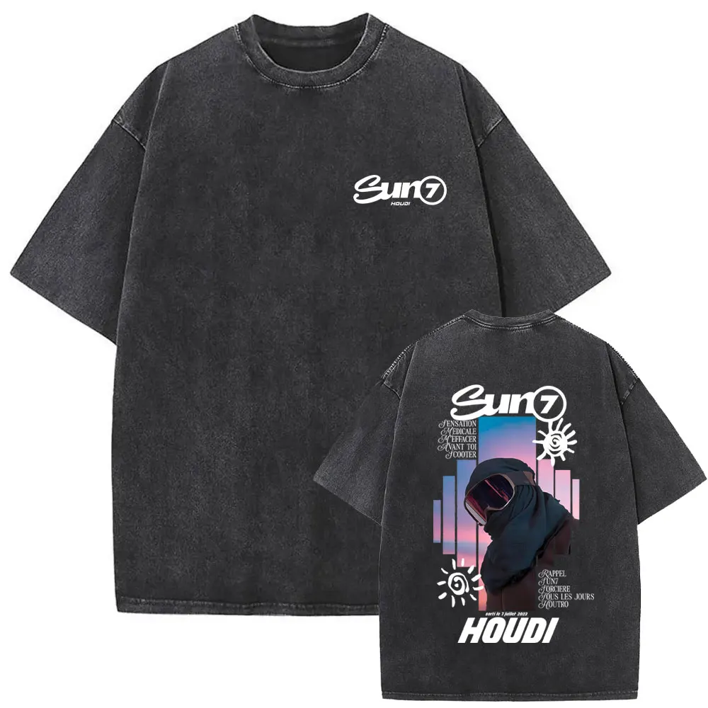 

Rapper HOUDI SUN7 Vintage Washed T-shirt Men's Women's Hip Hop Fashion Pop Music Streetwear Unsiex Casual Oversized Short Sleeve