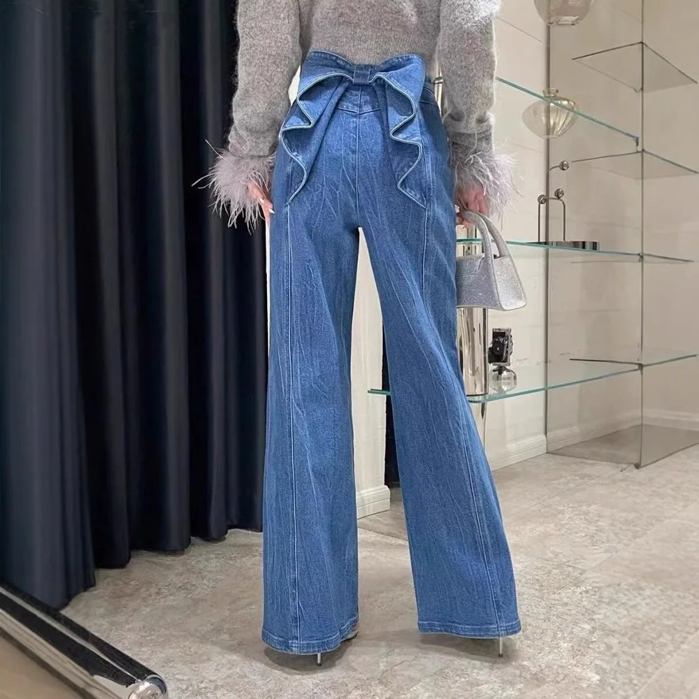 Y2K Cross-Border Denim Jeans for Women with  Knots Autumn New Sle Spicy Girl Street Small Design Straight Wide Leg...