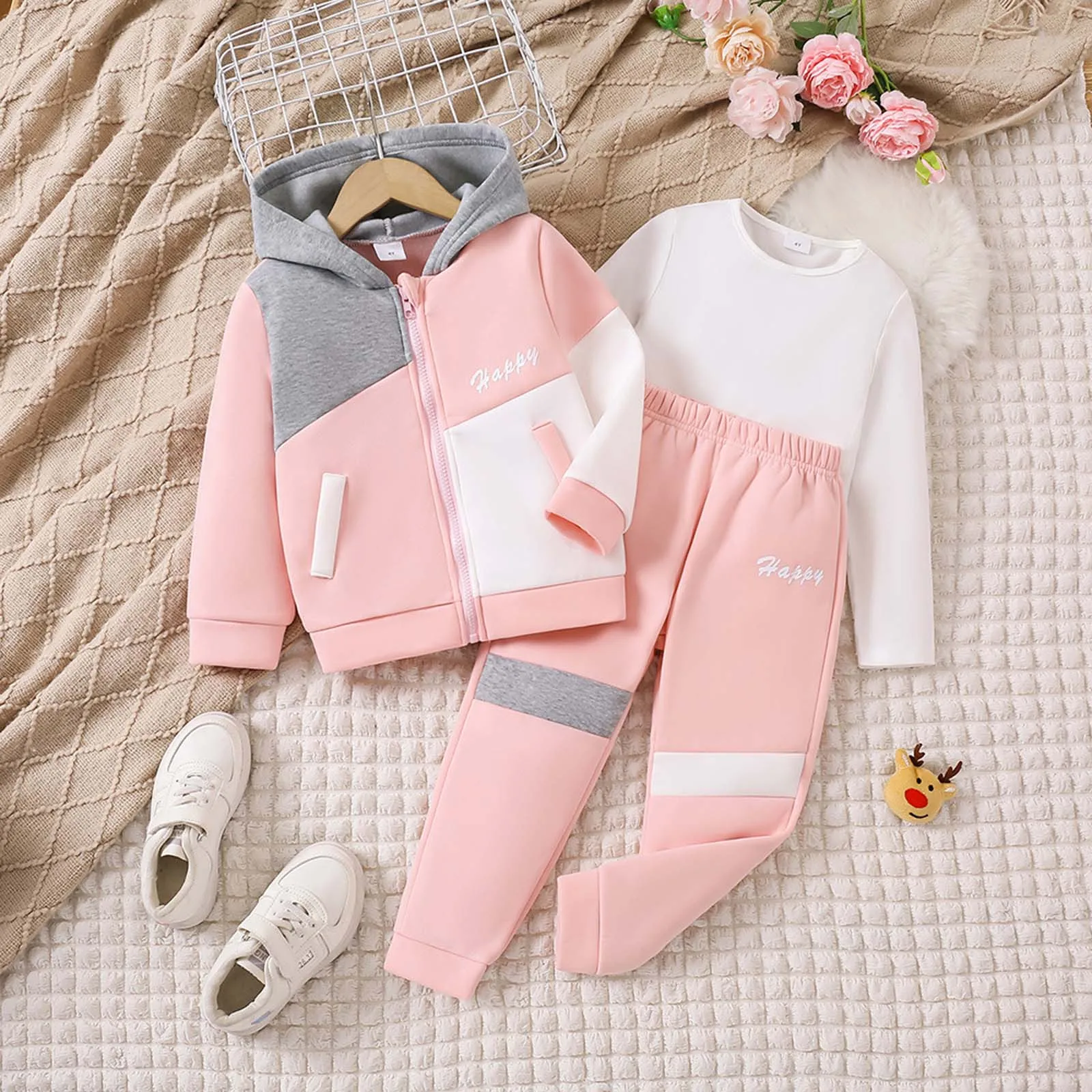 Toddler Kids Girls Clothes Spring Autumn Long Sleeve Pockets Fleece-Lined Hooded Jacket with Basic T-shirt Sweatpants Tracksuits