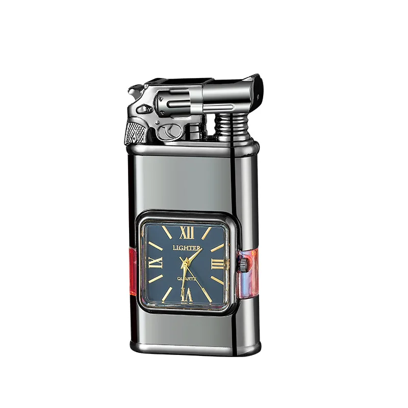 Best-selling Men\'s Double Fire Embossed Watch Lighter Creative Metal Inflatable Back Visible Air Chamber Gift Cigarette Lighter