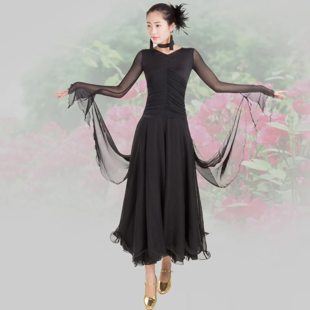 Gesellschaftstanzkleid Schwarz Rose Rot Standard-Wettkampfkleid V-Ausschnitt Band Mesh Langarm Übungstanzkostüm