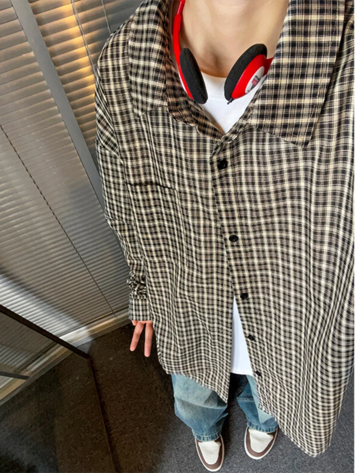 

Retro Bla Plaid irt Men's Youth y Trendy Casual Long Sve Cheered Outerwear Spring Season Regular Fit