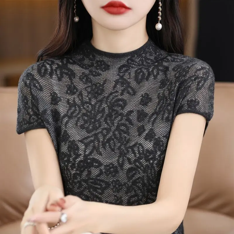 Women\'s Clothing Summer Sexy Hollow Elegant Chic Ice Silk Knitwear Korean Fashion Solid O Neck Short Sleeve Slim Basic T-shirts