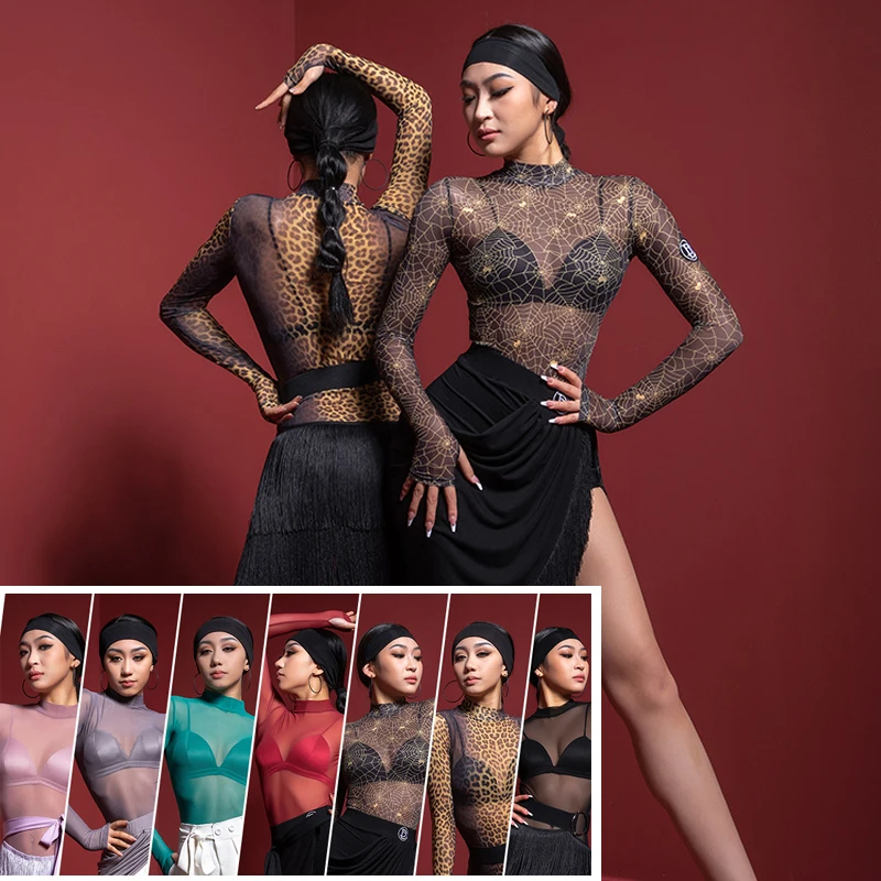 

2022 Latin Dance Practice Tops Sexy Gauze See-Through Long Sleeve Jumpsuit Female Rumba Dance Shirt Tango Dance Clothing DWY7123