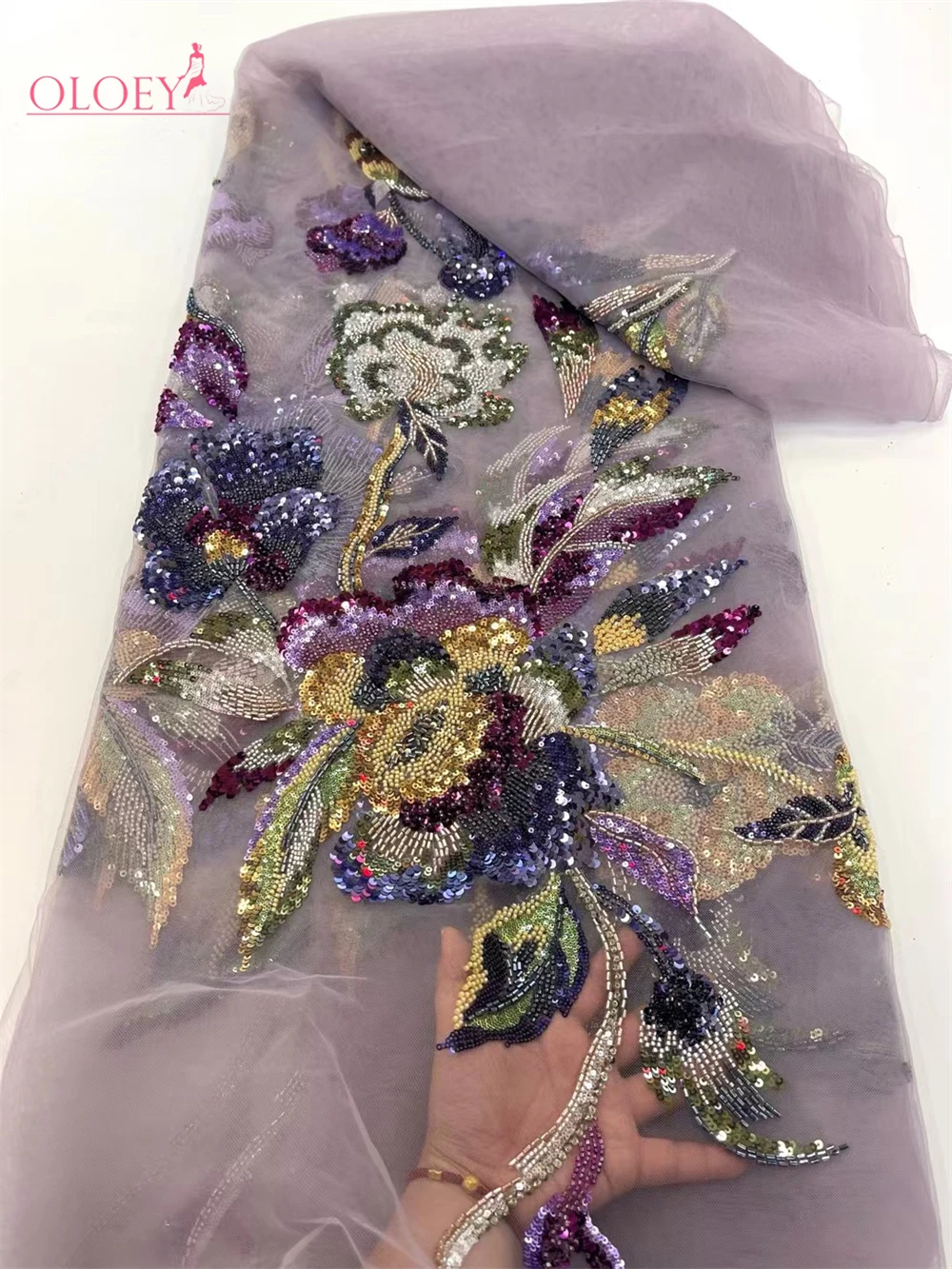 OLOEY Última Novedad en Venta, Tela de Encaje Africana de Moda, Encaje Bordado a Mano de Alta Calidad con Cuentas y Lentejuelas para Vestido de Fiesta o Boda