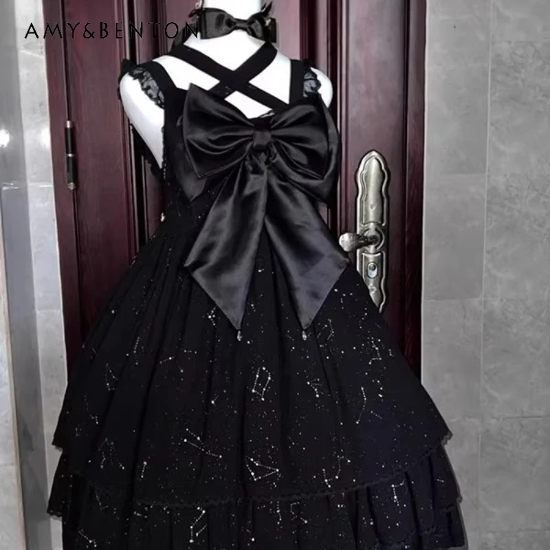 

Gothic Dark Gold Stamping Bow Design Women's Dress Original Design New Black Lolita Sweet Cool Sexy Hot Girls Dresses Ladies