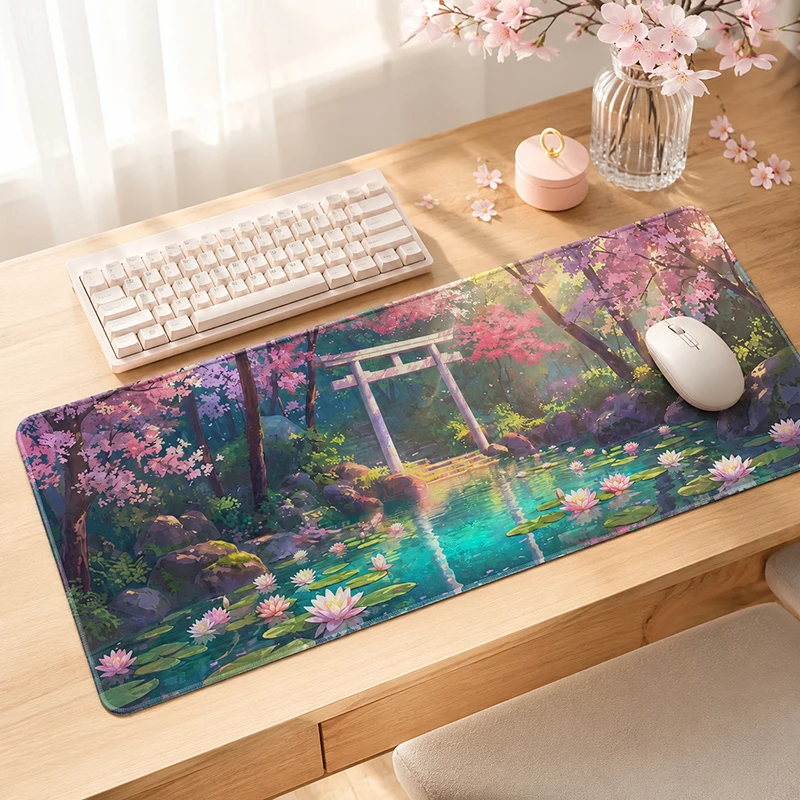 Mouse Pad Gaming Cherry Blossom Lotus Pond Torii printon demand Custom HD Mousepad XXL Desk Mats Soft Computer Desktop Mouse Pad