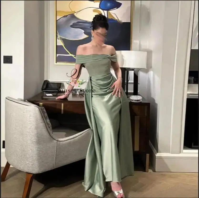 فستان سهرة أخضر مخصص قبالة الكتف مطوي ثوب رسمي الساتان حورية البحر طويل فستان حفل زفاف الضيوف تنورة فوقية