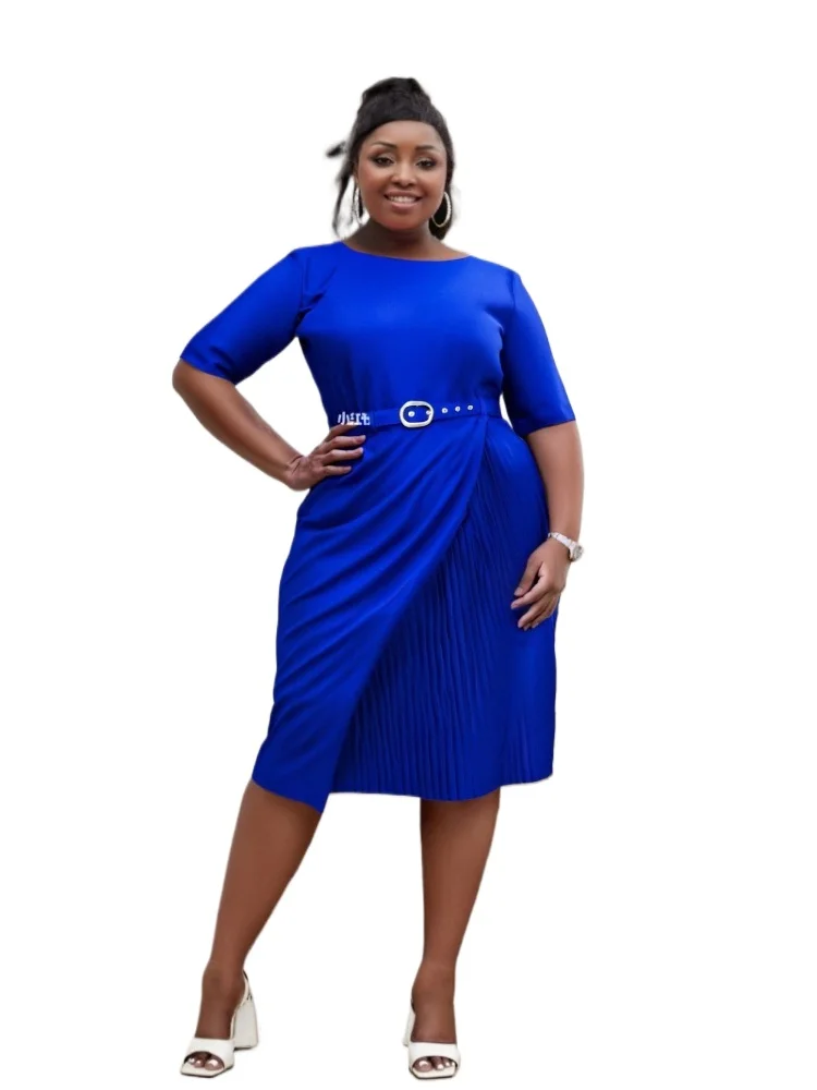 2025 New Women Elegant African Short Sleeve Fold Party Evening Black Midi Dress with Belt Office Lady Work Ankara Party Vestidos