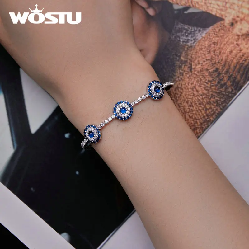 WOSTU 925 Sterling Silver Lucky Evil Eye Tennis Bracelets for Women Lovely Guard Chain Bracelet Girl Birthday Fine Jewelry Gift