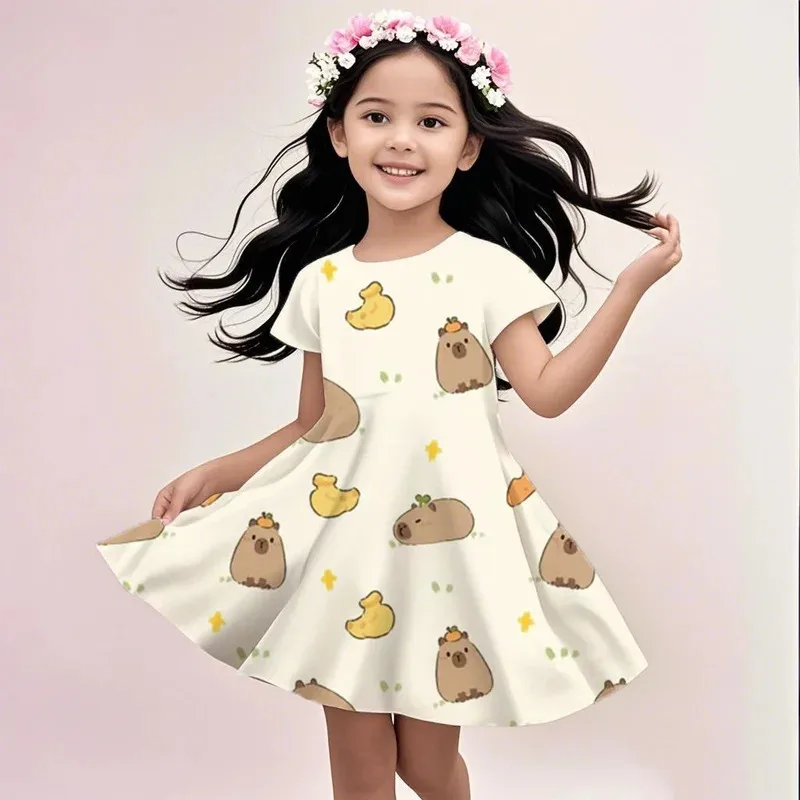 

XT82025 Cute Sunshine Capybaras Summer Round Neck Children Dress Cute Girl Short Sleeve Doll Dress Birthday Gift Princess DXT6@!