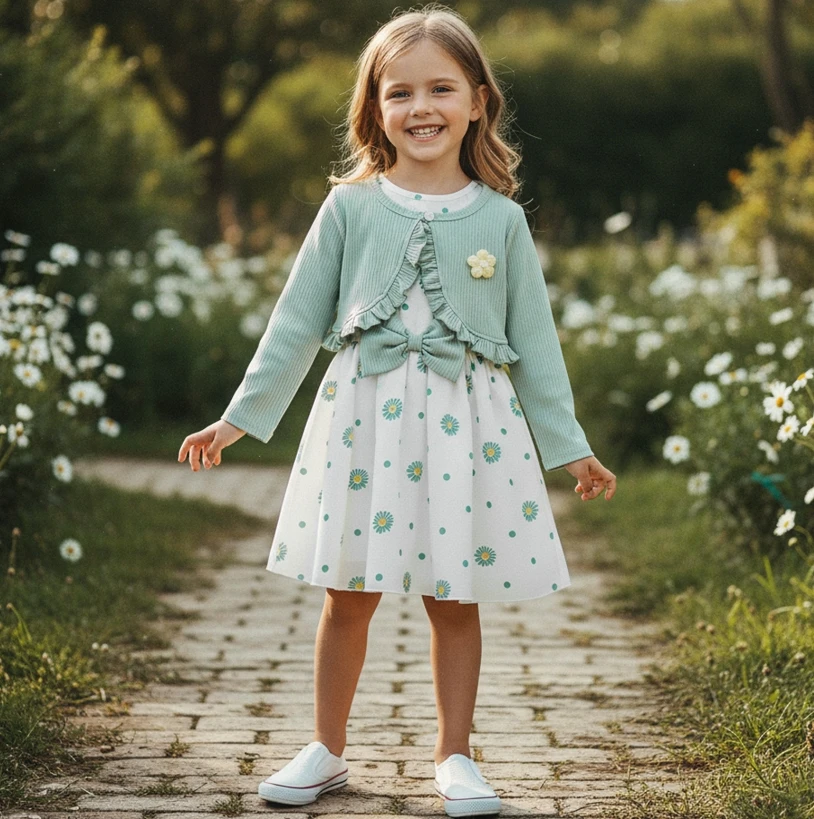 2-8Y Little Girl Spring Outfit Flower Long Sleeve Ruffle Cardigan Tops Sleeveless A-line Dress 2 Piece Dresses Set