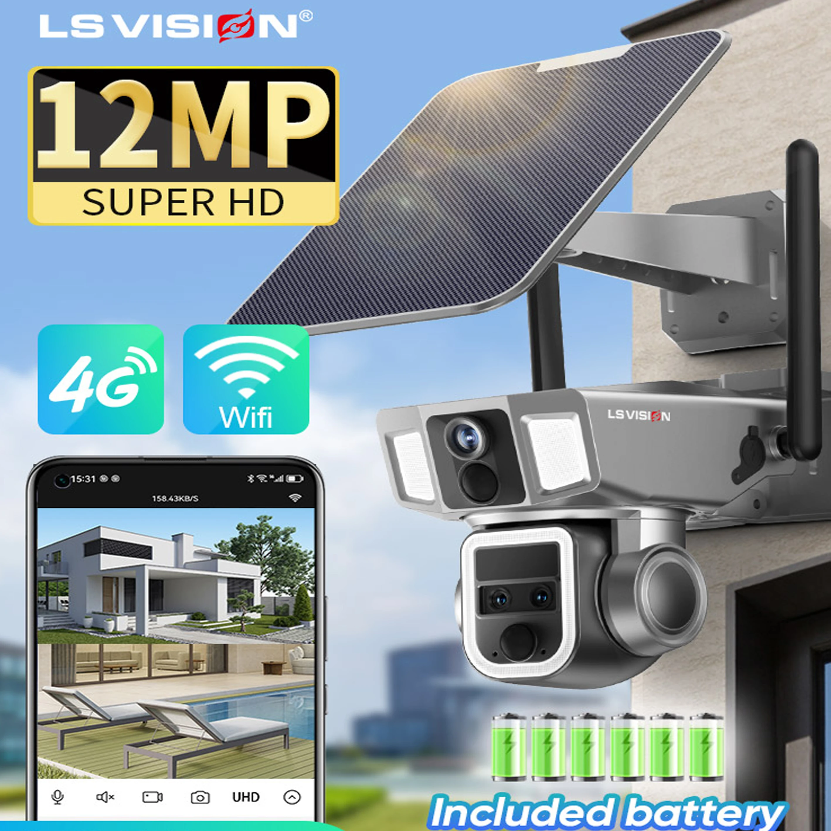 

LS VISION 4G&WIFI Solar Security Camera Outdoor 10X Zoom Dual Lens Screen Wireless Cameras 2K/4MP PTZ Cam Human Tracking CCTV