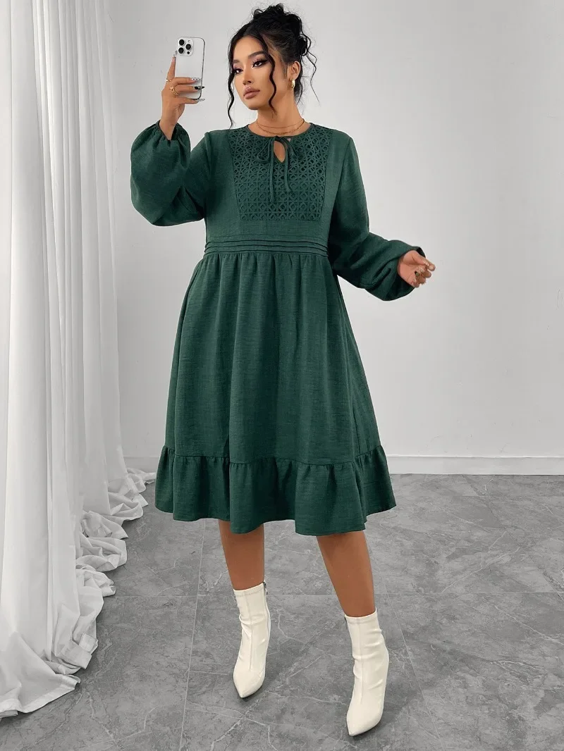GUWU New Autumn Cotton Hemp Splicing Design Plus Size Dress Loose Bubble Full Sleeve Hollow High Waist Elegant Dress
