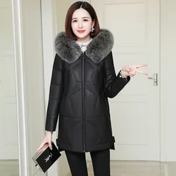 Genuine Leather Jacket Sheepskin Long Winter Jacket Women Clothes Fox Fur Collar Hooded Black Warm Down Jackets Chaquetas