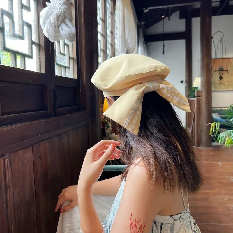 Oversized Bow Beret for Women 2022 Summer Ins Popular Striped Designer Berets Hat Niche Painter Cap Japanese Sailor Hats