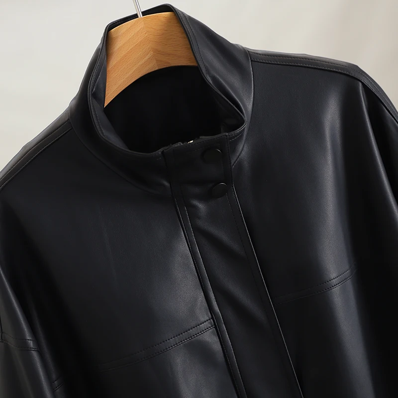 Jaqueta de Couro Estilosa e Solta com Gola Alta Psada para Mulheres, Moda de Outono, Estilo de Trabalho com Botões, Manga ...