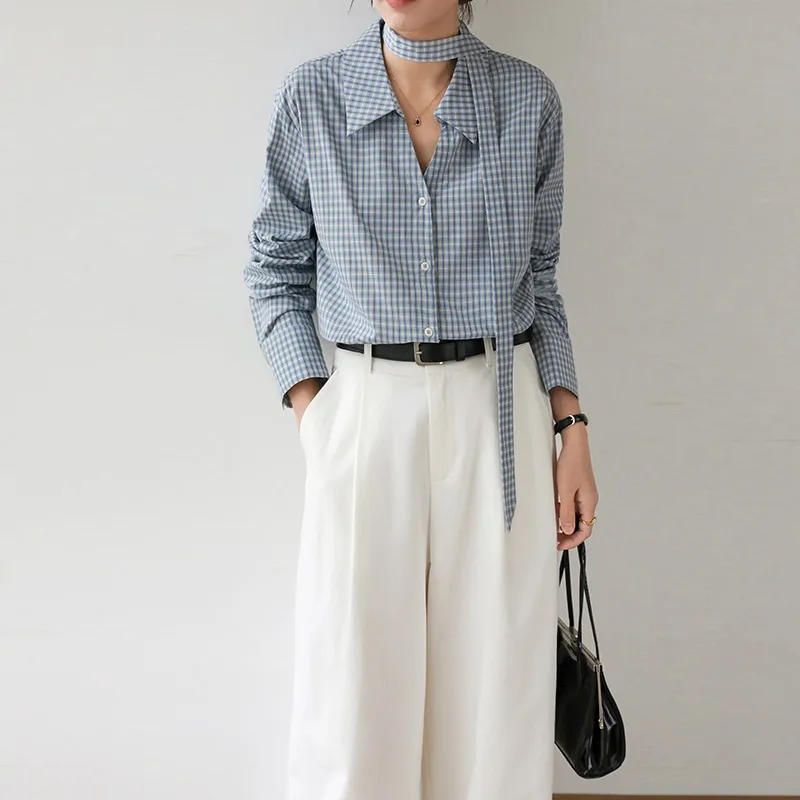 Chemisiers Vintage pour femmes, hauts décontractés à carreaux, mode ample, vêtements d'été de Style français, chemise coréenne à manches longues pour femmes