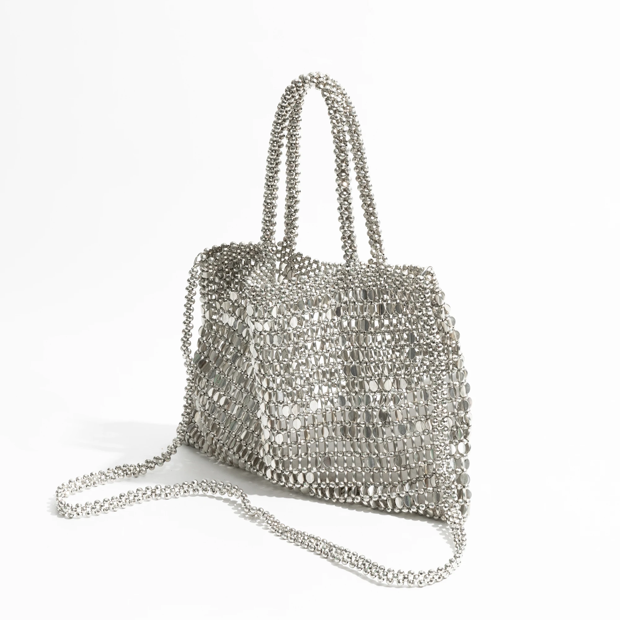 MABULA Silver Beadded Woven Tote Bag Sparkling Sequins Big Square Evening Purse Fashion Crossbody Handbag