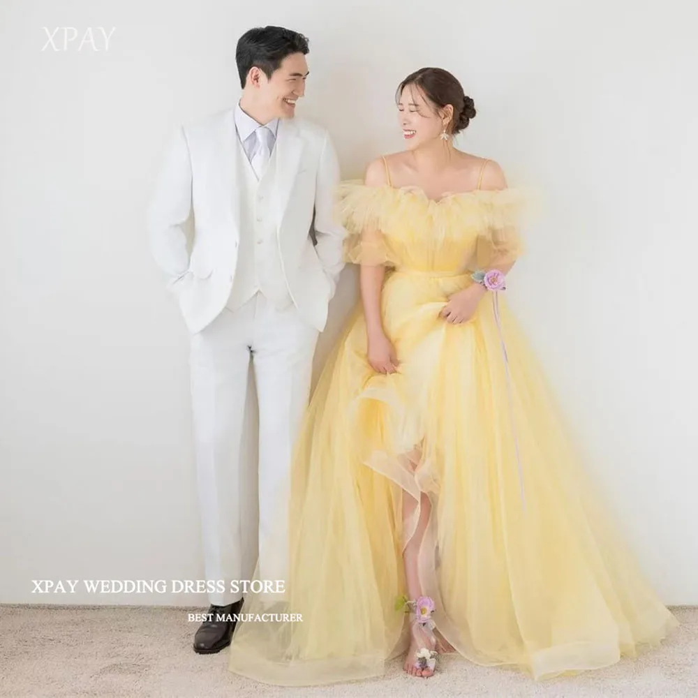 

XPAY Bright Yellow Ball Gown Spaghetti Strap Pleat Korea Evening Dresses Birthday Portraits Tulle Wedding Photos Shoot Customize