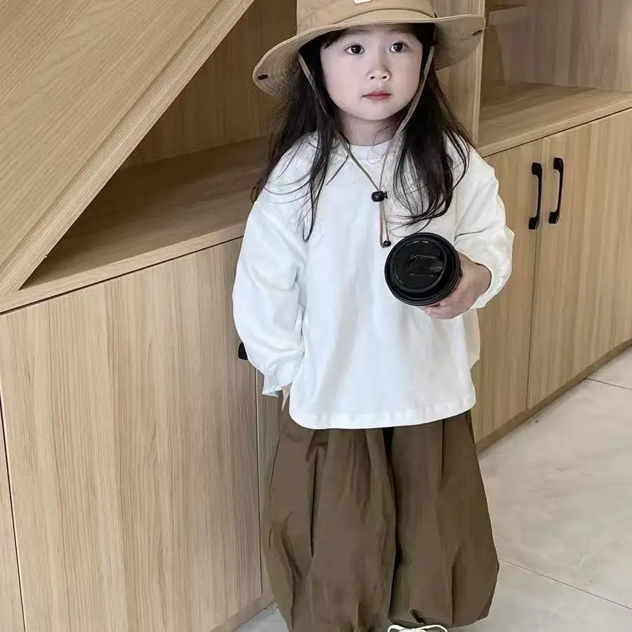 Korean Style Girls Autumn Set 2026 New Color Block Baby Sweatshirt Lantern Pants Solid Long Sleeve Two Piece Suit