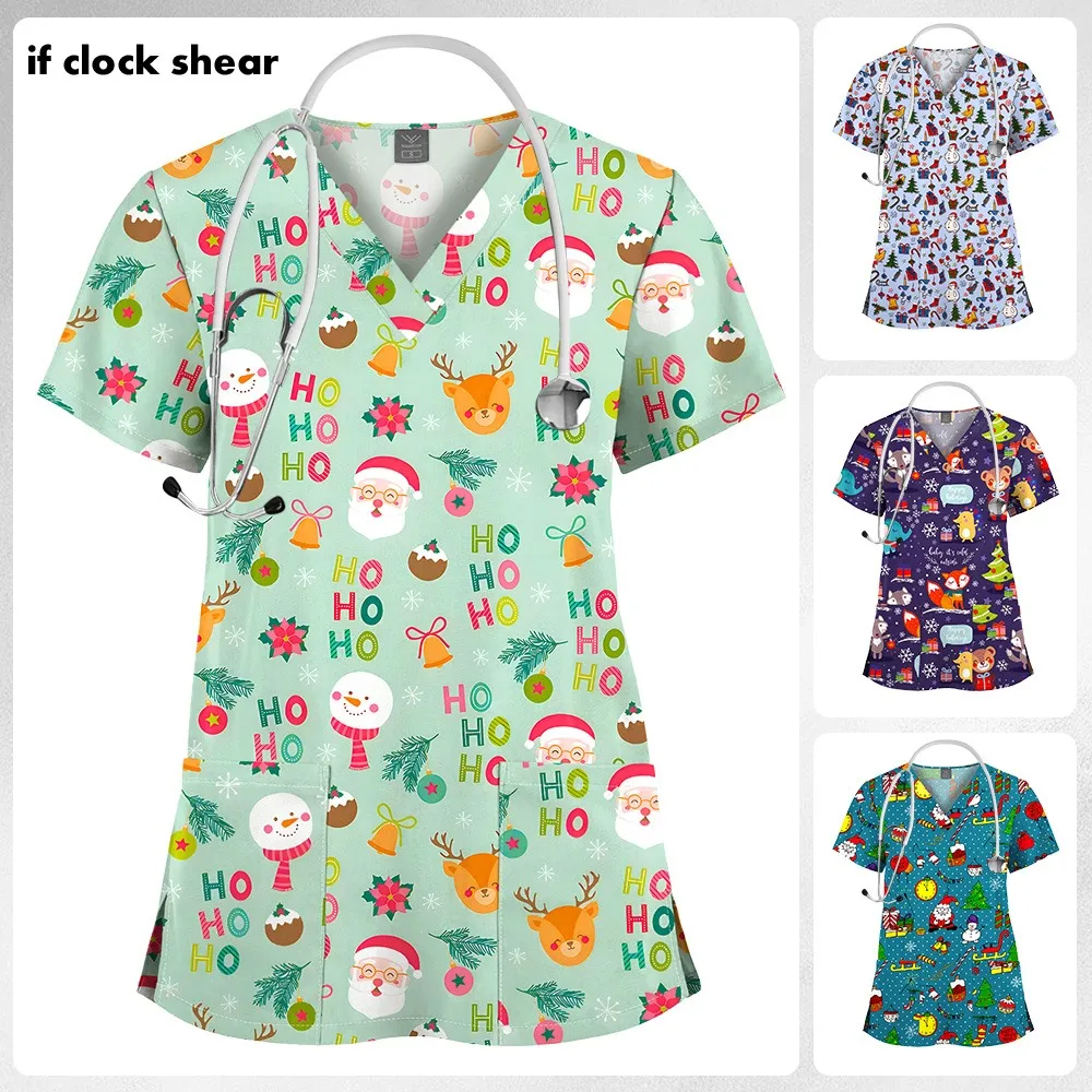 Christmas Print Scrubs Tops Women Short Sleeve V-neck Blouse Nurse Uniforms T-Shirt Medical Working Uniform Veterinary Workwear