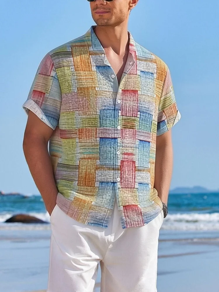 

Trending Men's Shirt Summer Abstract Watercolor Geometric Print Short Sleeve Oversized Casual Button Down Hawaiian Tops for Men