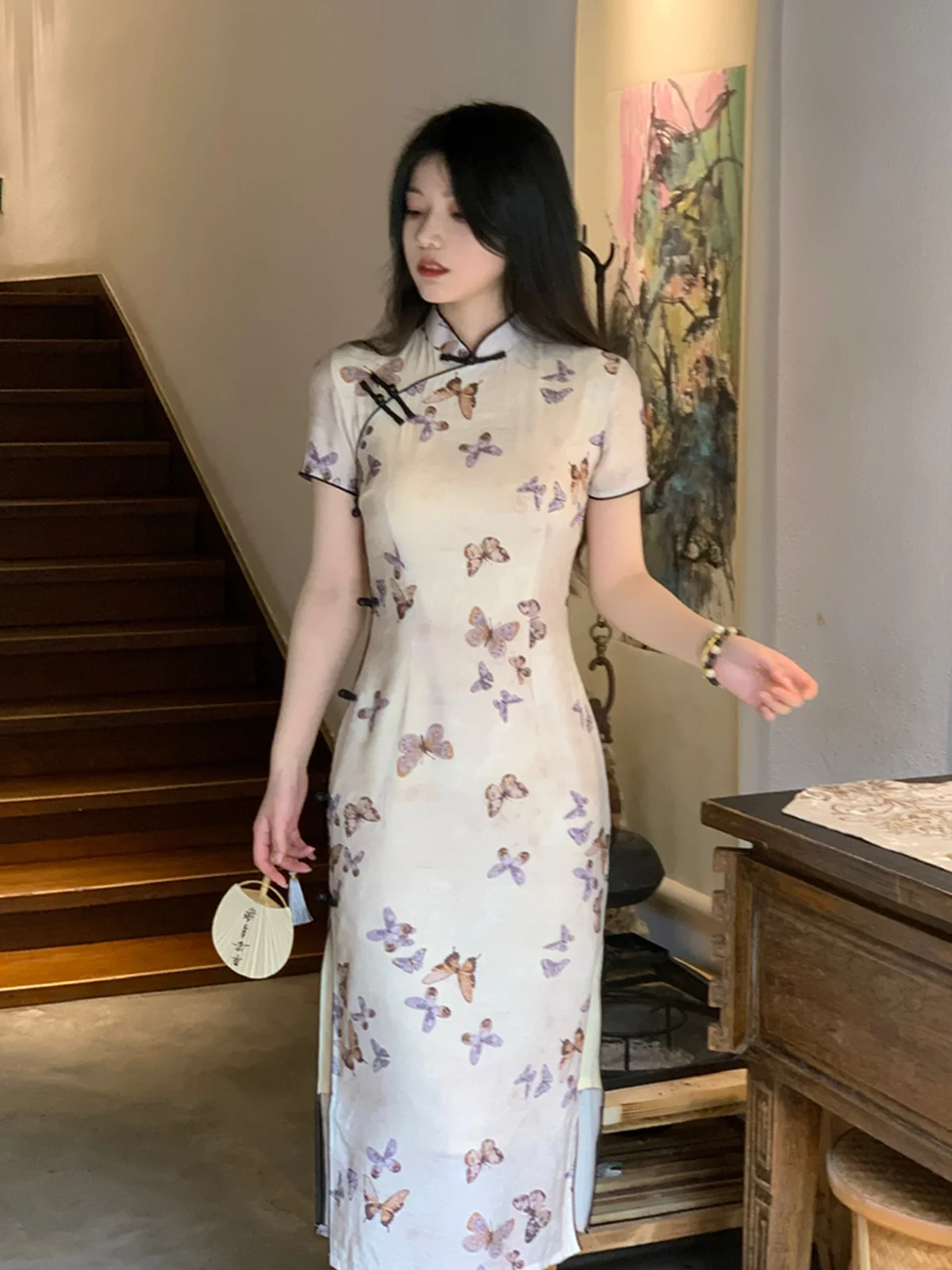 

Шелковое льняное платье-ципао в новом китайском стиле, с низким разрезом, длинное, повседневное