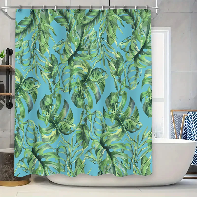 Green Leaves Shower Curtain Waterproof Home Decor Bathroom Decoration Blue Leaf Print Shower Panels Bath Tapes Water Repellent F