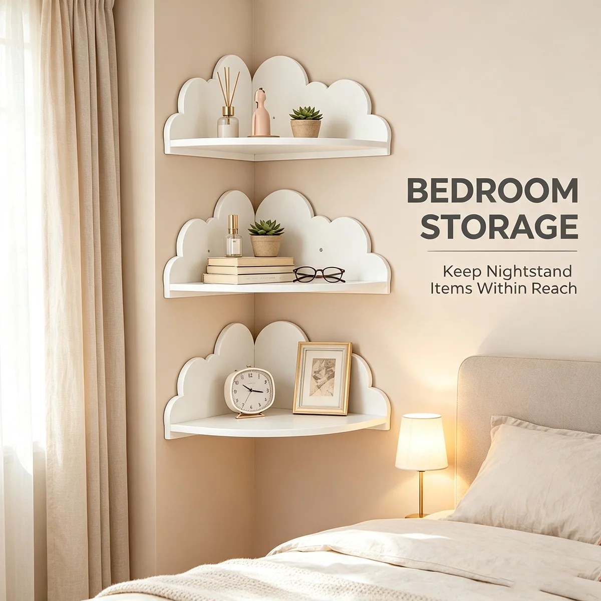 Cloud Wall Shelf, 3-Tier White Corner Floating Shelf for Bedroom, Living Room, Entryway, Plants, Frames & Small Decor Storage