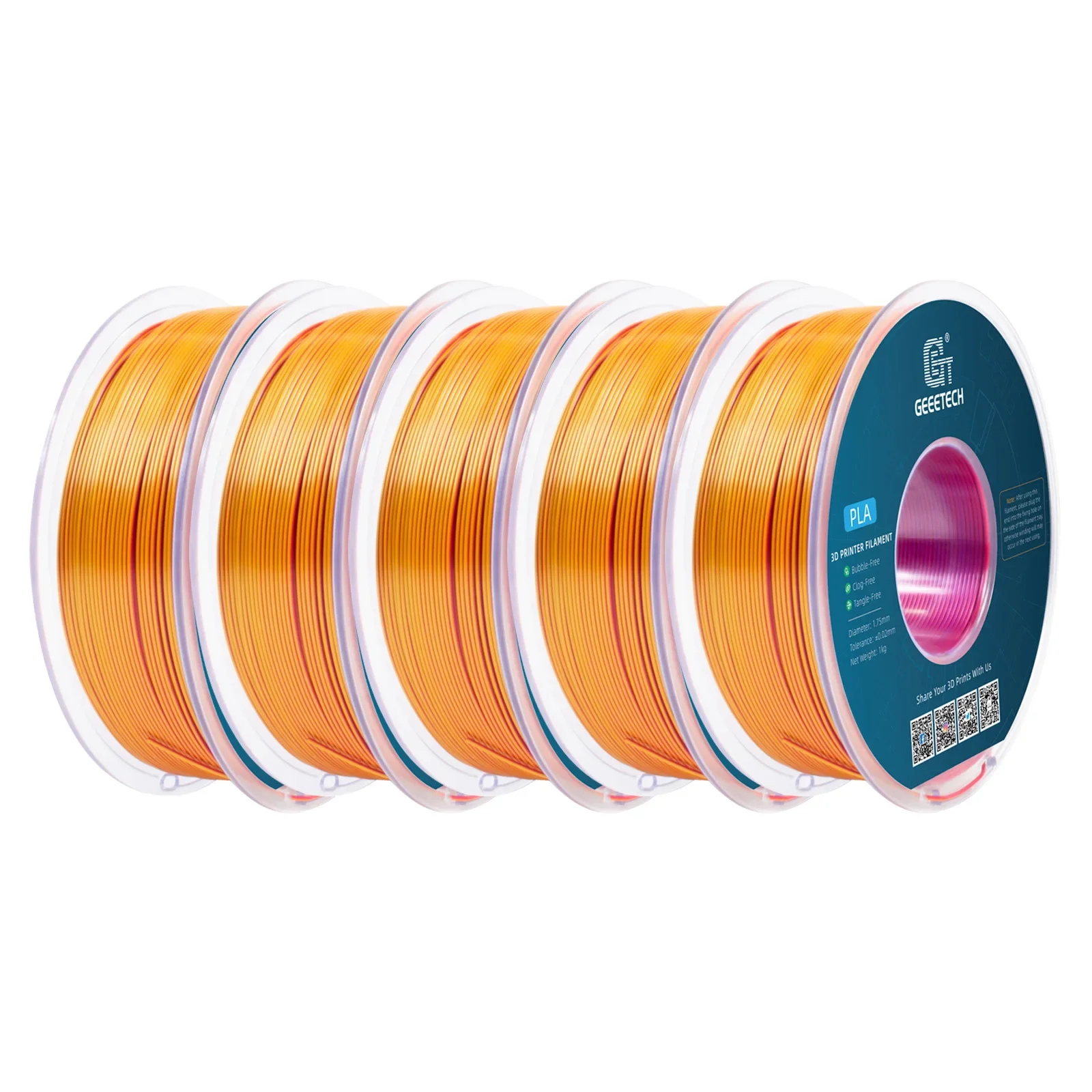 Geeetech 5Rolls Three Tri Color Silk PLA Filament, 3D-filament 1,75 mm spoeldraad (+/-0,02 mm) Vacuümverpakking, speciale kleur - afbeelding 1