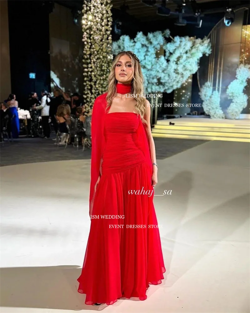 LISM Elegant Red Chiffon Evening Dresses Long Cape Sleeve Strapless A-Line Formal Occasion Gowns For Saudi Arabic Women Custom