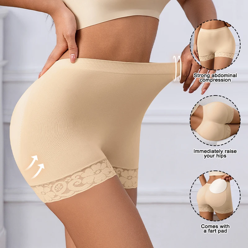 Flarixa Lace Trim Butt Lifter Shaper Shorts Removable Hip Pads Tummy Control Seamless Hip Enhancer Body Shaping Safety Underwear