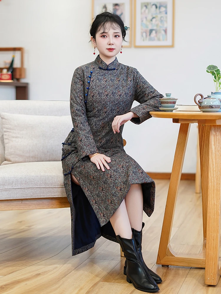 

Новое зимнее утепленное хлопковое платье в китайском стиле, облегающее, длинное, элегантное, ветрозащитное, 25R996, ретро-стиль, 100% хлопок, очень теплое