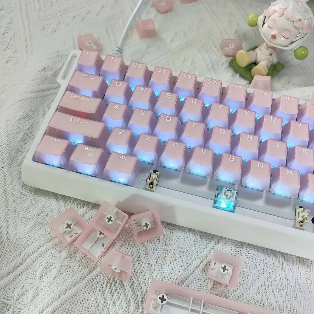 Pink Jade Pudding Translucent Keycaps OEM Profile RGB Backlit Key caps Double Shot PBT Keycaps for MX Switches Gaming Keyboard