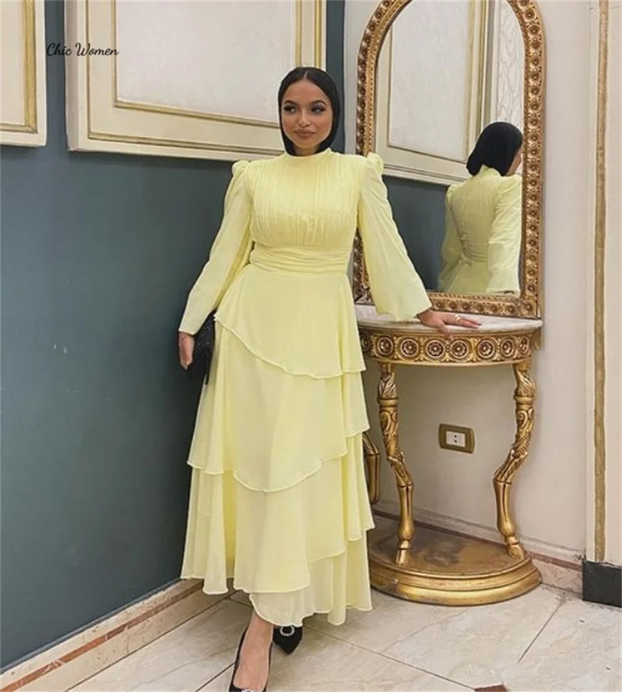 Modern Light Yellow Arabic Prom Dress High Neck Long Sleeve Chiffon Abaya Evening Dresses Tiered Holiday Birthday Customized