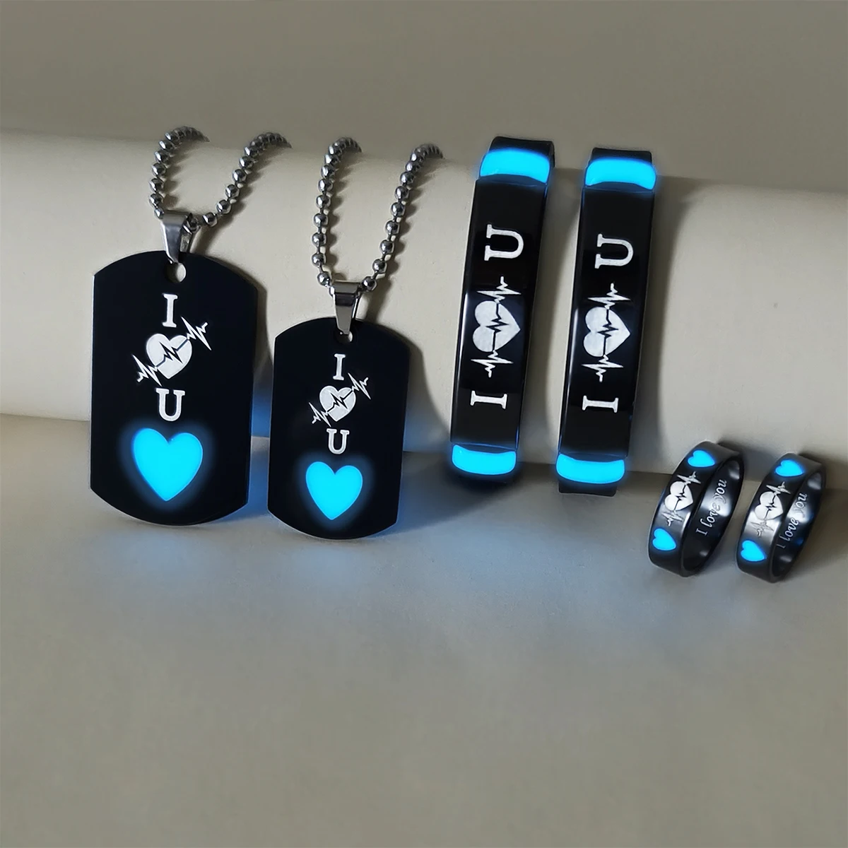 6 pieces/set luminous love Heart Beating pattern Couple necklace Bracelet Ring Cute wind ladies fashion love promise for your he