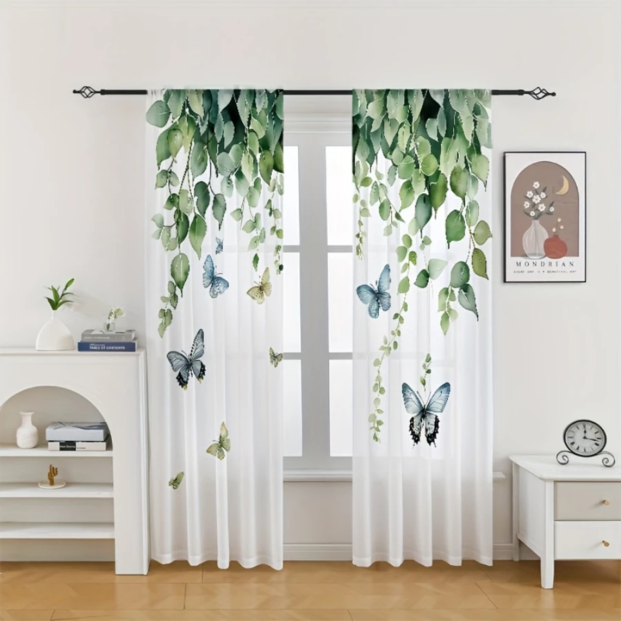 2PCS Digital Print Sheer Curtains, Green Vine Dancing Butterfly, Botanical Garden Nature for Bedroom Living Room Home Decor